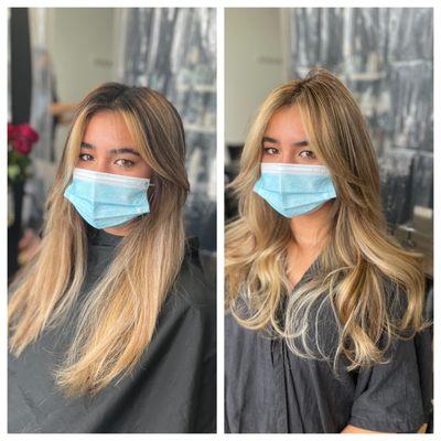 Hair by Renee. Balayage and highlights with root shade.