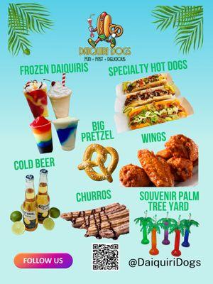 Beat the heat with our frozen daiquiris, paired with savory hot dogs, spicy chicken wings, and ice-cold beer - the perfect combo!"