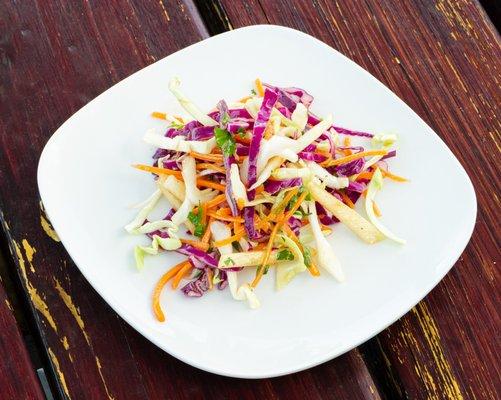 Chef Inspired Slaw ~ Cabbage, Gorgonzola Cheese, Red Bell Pepper, Carrots, Cilantro, Parsley with a Creole Vinaigrette