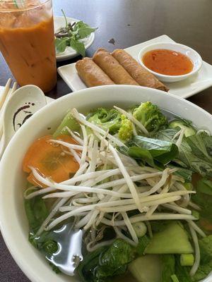 Veggie Pho, and veggie egg rolls