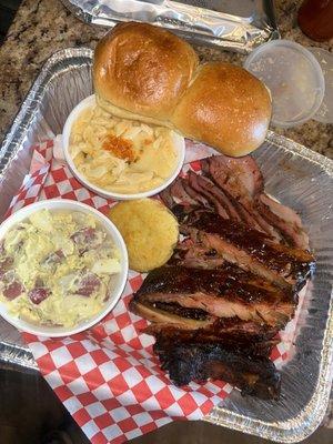 Bbq ribs, Tri tip, potato salad, Mac n cheese, hand rolls.