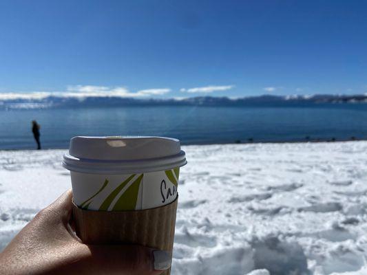 Almond milk mocha by the lake