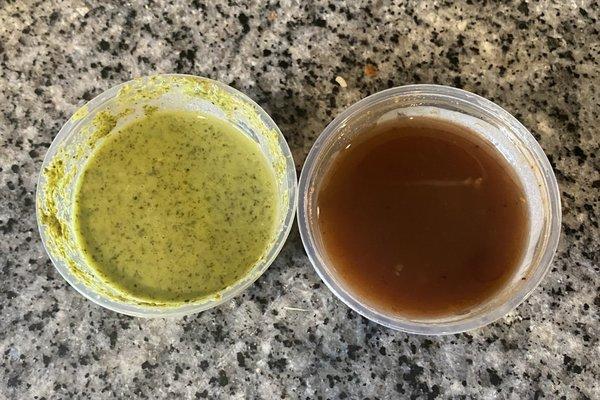 Cilantro chutney dipping sauce and idk what the other sauce is it's a bit sweet but nummy :)