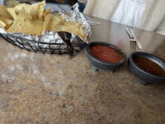 Chips and salsa! Mild and hot salsa!