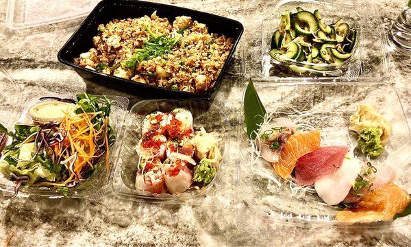 Winter Roll  Gyoza Sashimi Appertizer Cucumber Salad  and House fried rice !!!