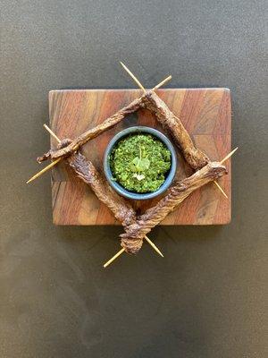 Grass-Fed Hanger Steak Skewers with Kale Pesto