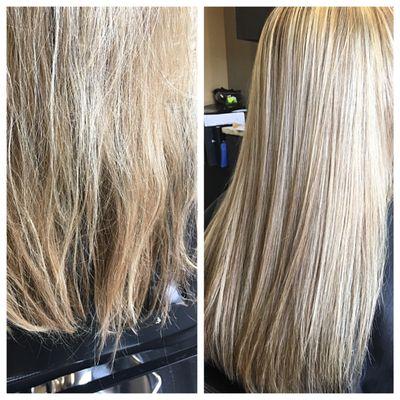 Before and after with Rejuvabeads. Mend split end 100% and repair your hair completely!!! Message Shear Accent Salon for more info!!