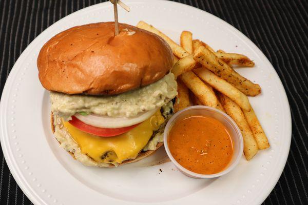 Baba Burger with Fries and Hot Sauce