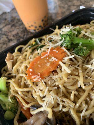 Yummy vegetarian garlic noodles and soft delicious Thai Tea Smoothie!