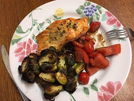 Fresh Tomatoes from Angie's with broiled salmon and roasted brussel sprouts!