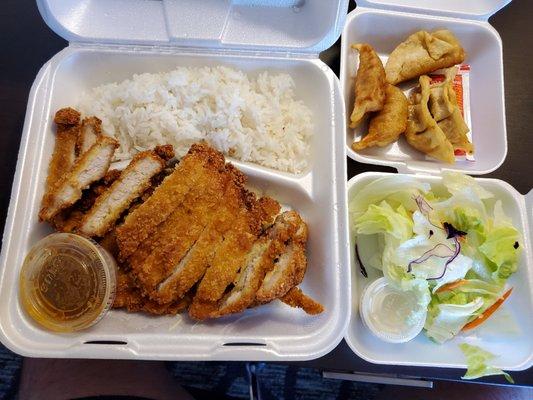 The tonkatsu, side salad and gyoza.