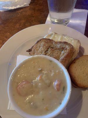 Potato leek ham chowder and a cheese sandwich.