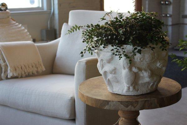 victor chair in natural belgian linen, frick garden container with button fern + bleached teak side table @artefacthome