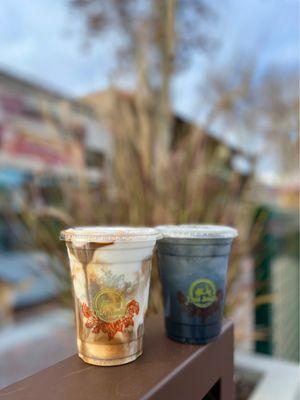 coconut coffee ($5) & charcoal latte ($5)