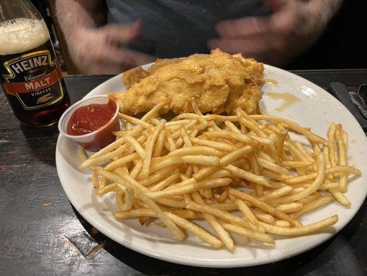 Fish & chips with a bottle of malt vinegar