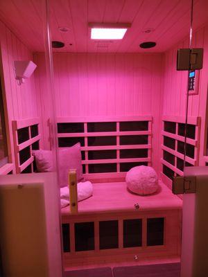 Chromotherapy in the Salt Booth - Infrared Sauna. 
 
 Strong Pink: Acts as a cleanser, strengthens veins and arteries.