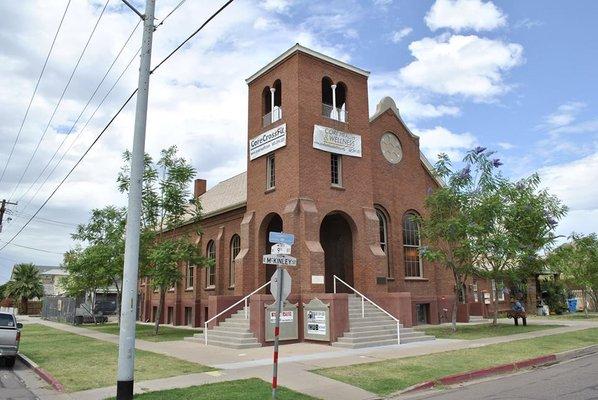 Exterior street view of the historic church in phoenix where three queen circus offers aerial acrobatic classes & aerial fitness training