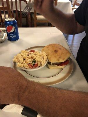 Cheeseburger and pasta salad