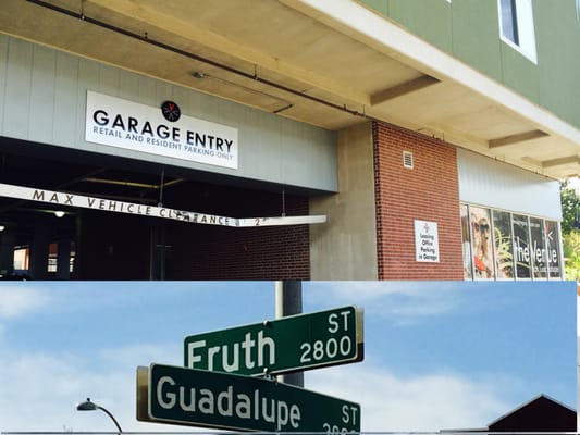 Free Retail Parking located in the Venue apartment garage on the corner of Fruth St. and Guadalupe St.