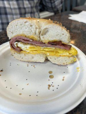 Taylor Ham, egg and cheese on everything bagel