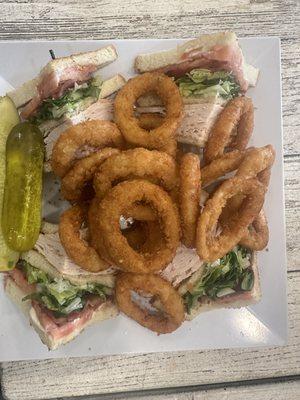 Turkey Club with onion rings