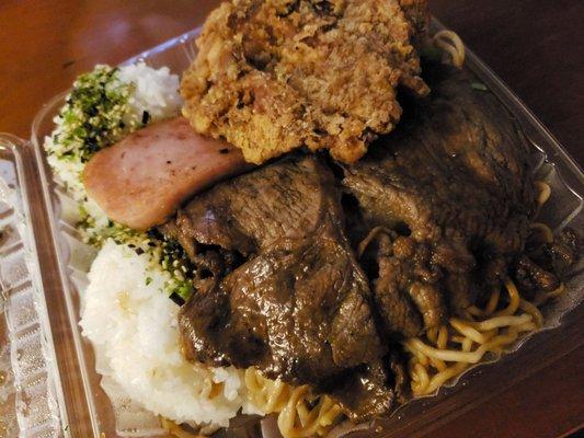 Box Lunchbox: 2 scoops rice, fried noodles, teri beef, fried chicken, substituted Portuguese sausage for spam