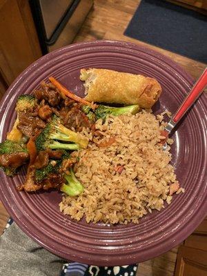 Beef and broccoli with pork fried rice and an egg roll