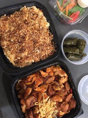 Lobster Mac and Cheese Dinner, Spicy Chicken Dinner, Grape Leaves