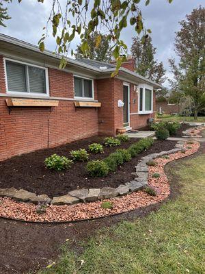 Front Yard Landscape Design with Mulch and Decorative Stone