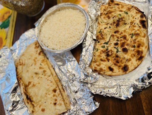 Garlic Naan, Butter Naan, and steamed white rice