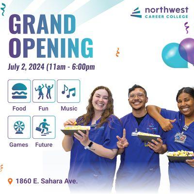 Hello, East Las Vegas!  Get excited because Northwest Career College is expanding to Sahara and Burnham! Food, fun, games & more!