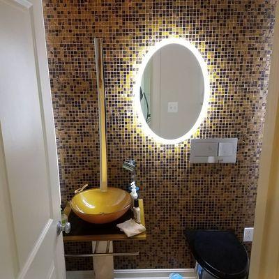 Powder room Remodel with toilet tank in wall