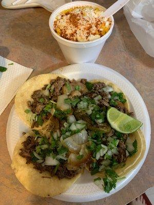 Street tacos and elote in a cup $11