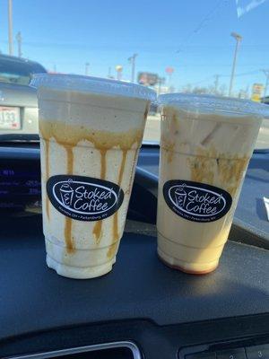 Large frozen Pot of Gold and large iced Stoked Mocha