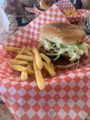 Maui Burger. Comes with lettuce, onion, tomato, grilled pineapple, and teriyaki sauce.