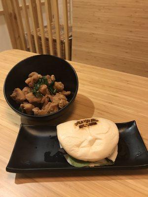 Popcorn chicken and pork bao bun.