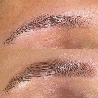 Brow lamination with tinting and shaping.