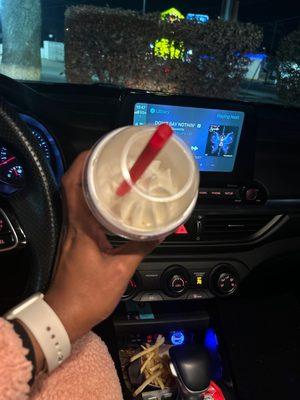 Half Eaten Vanilla Shake, and stix fries.