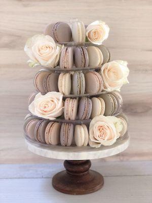 Custom 6 dozen taupe ombre macaron tower for a small wedding. Macaron stand rental for a refundable deposit of $50.