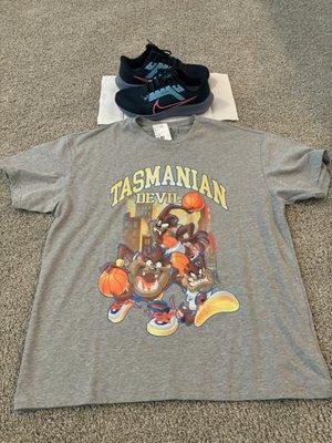 Nike Pegasus 40 for 28 and Tasmanian T Shirt for 17.