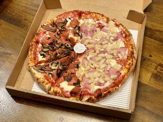 Large (1/2 Pepperoni & Mushroom, 1/2 Canadian Bacon & Pineapple)