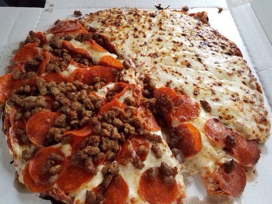 Half cheese, half pep and hamburger. Great pizza