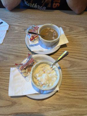 White chicken chili & potato soup.  Soup was hot.