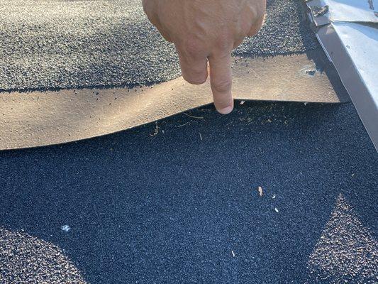 Sheets of roll top roofing that are clearly not adhering properly allowing water, debris, and even rodents to get through.