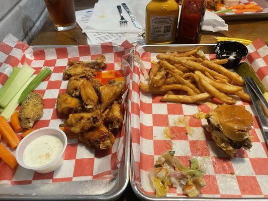 Classic cheese burger and Sweet Thai chicken wings.