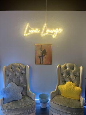 Our Luna Lounge where you can unwind and wait for your next class or catch up with all your pole besties!