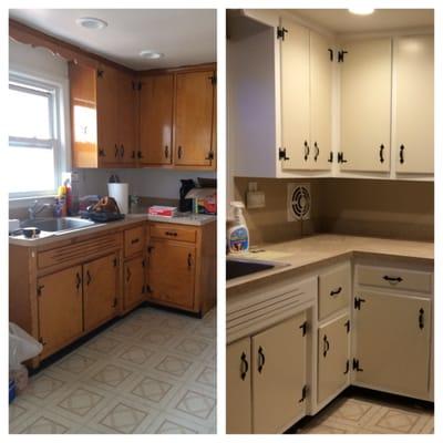 Before and after kitchen cabinet paint job.