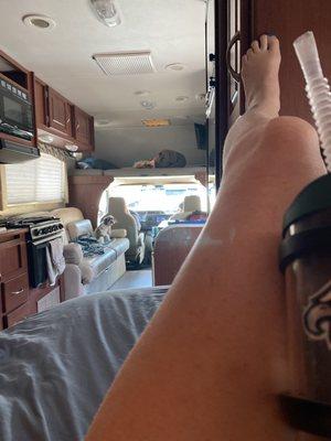 View from the queen bed in RV