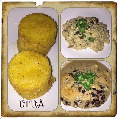 Goat cheese crispy polenta, butternut squash ravioli, & chicken and mushroom risotto.