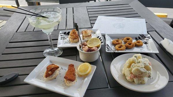 Items from the Happy Hour Menu -  1. Chicken Milanesa 2. Potato Salad 3. Ceviche  4. Argentine Shrimp 5. Calamari   6. Margarita